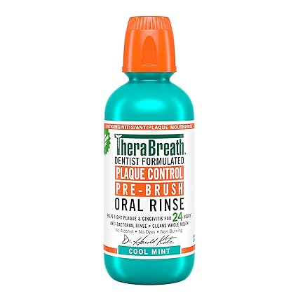 TheraBreath Plaque Control Mouthwash, Cool Mint, Pre-Brush Rinse, 16 Fl Oz