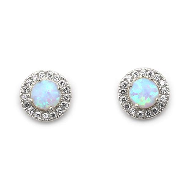 14k Yellow or White Gold White Fire Simulated Opal with Cubic Zirconia Halo Stud Earrings