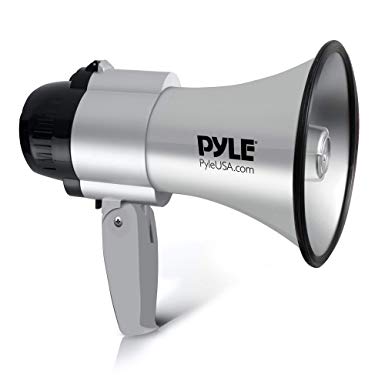 Portable Megaphone Speaker Siren Bullhorn - Compact and Battery Operated with 30 Watt Power, Microphone, 2 Modes, PA Sound and Foldable Handle for Cheerleading and Police Use - Pyle PMP33SL (Silver)