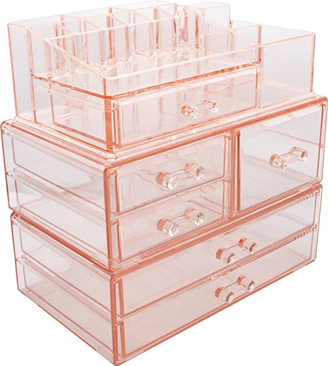 Sorbus Acrylic Cosmetics Makeup and Jewelry Storage Case Display Sets -Interlocking Drawers to Create Your Own Specially Designed Makeup Counter -Stackable and Interchangeable (Pink)