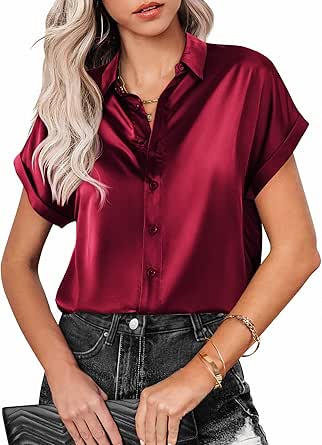 Zeagoo Silk Blouse for Women Short Sleeve Satin Button Down Shirts Casual Loose V-Neck Business Work Tunic Top