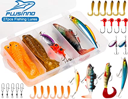 PLUSINNO Fishing Lures Baits Tackle, 102 Pcs Including Frog Lures, Hard Lures, Crankbaits, Spinnerbaits, Spoon Lures, Soft Lures, Popper, Crank, Tackle Box and More Fishing Gear Lures Kit Set