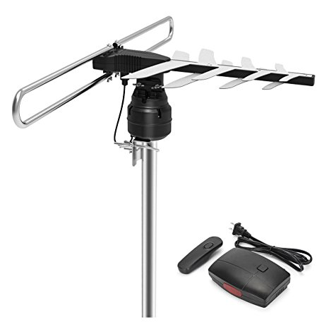 1byone Motorized Outdoor TV Antenna with 85 Mile Range, 360 Degree Rotating HDTV Antenna with Remote Control and 49.2ft High Performance Coaxial Cable, UHF/VHF, Black