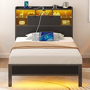 Rolanstar Twin Bed Frame with Charging Station, LED Bed with Bookcase Storage Headboard, Metal Platform Bed with Glass Shelves, No Box Spring Needed, Noise-Free, Black