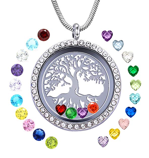 JOLIN Family Tree of Life Floating Charm Living Memory Lockets Necklace DIY Stainless Steel Pendant with 24 Birthstones