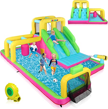 JOYMOR 6-in-1 Inflatable Double Water Slide Park for Kids Backyard, Bounce House w/Obstacle Crossing, Ball Net, Climbing Wall, Water Gun, Bouncer Castle Outdoor Playhouse (Included Blower)