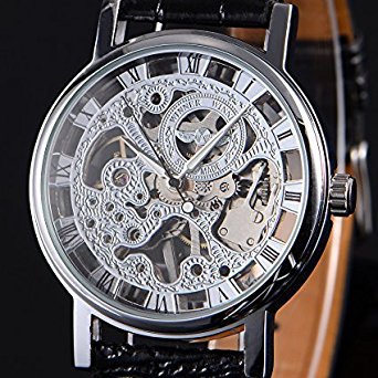 See Through Transparent Mens Boys Silver Skeleton Hand Winding Mechanical Wristwatch   Gift Box US Stock