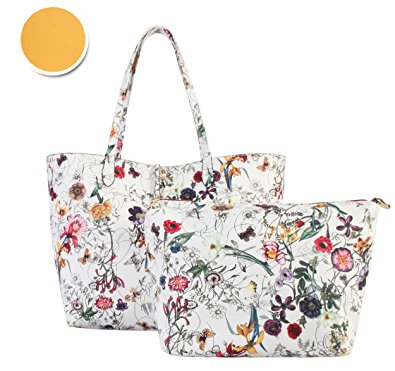 Diophy PU Leather Colorful Floral Pattern Two Tone Reversible Large Tote Womens Purse Handbag with Matching Crossbody Bag 2 Pieces Set FL-6000 FL-6001