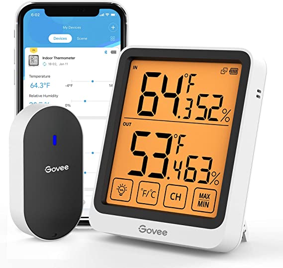 Govee Indoor Outdoor Thermometer, Bluetooth Temperature and Humidity Sensor with App Notifications, 4.5-Inch Large LCD Touchscreen with Backlight, 2-Year Data Storage