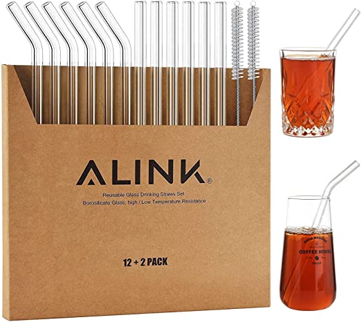 ALINK Glass Smoothie Straws, Long 8.5" x 10 mm Reusable Clear Drinking Straws for Smoothie,Pack of 12 with 2 Cleaning Brush