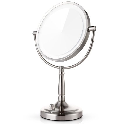 Miusco 7X Magnification Double Sided Adjustable Warm LED Lighted Makeup Mirror, 8 inch, Brushed Steel