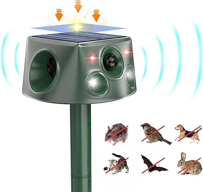 360° Animal Deterrent, 7 Modes Solar Powered Animal Repellent Outdoor with Motion Sensor and Flashing Light, Waterproof Squirrel Repellent for Skunk Raccoon Wildcat Rabbit, Frequency 18kHZ