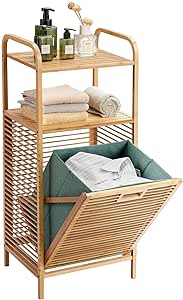 COSTWAY Bamboo Laundry Basket, Bathroom Shelf Laundry Hamper with Removable Pull-Out Bag and Storage Shelf, Floor Washing Dirty Clothes Basket Laundry Organiser Unit, 40x33x95/160cm (2-Tier Shelves)