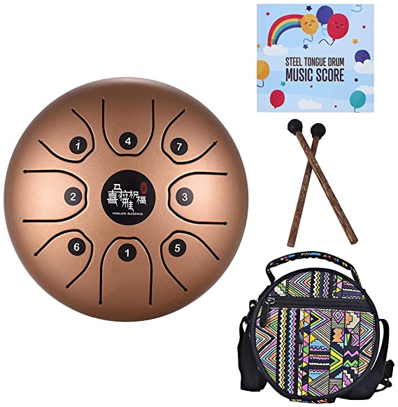 Mowind Steel Tongue Drum Tank Drum C Key 8 Notes 5.5 Inch Percussion Instrument with Drum Mallets Carry Bag Gold