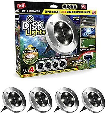 Bell   Howell Disk Lights Brushed Steel – Heavy Duty Outdoor Solar Pathway Lights – 4 LED, Auto On/Off, Water Resistant, with Included Stakes, for Garden, Yard, Patio and Lawn - As Seen on TV