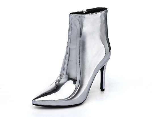 Themost Women's Pointy Toe Metallic Sheepskin Mirror Leather Stiletto Ankle Boots