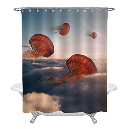 MitoVilla Coral Jellyfish Shower Curtain, Ocean Animals Jellyfishes Float in The Sky Surreal Artwork, Whimsical Bathroom Decor, Novelty Gifts Holiday Presents for Adults, 72 x 72 inches Standard Size