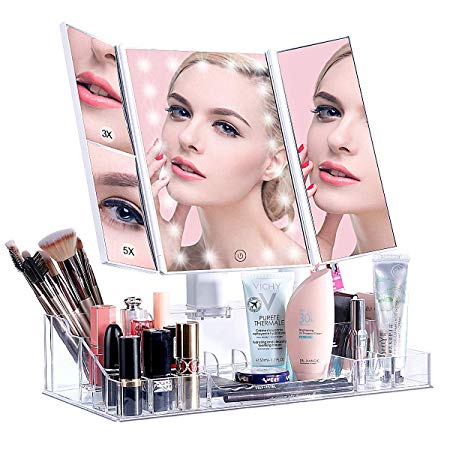 VICOODA Lighted Makeup Mirror with 21 LED Lights, Makeup Vanity Mirror with Acrylic Organizer, Trifold 3X 5X Magnification Sections, Touch Screen Dimming, Dual Power Supply, 180 Rotation