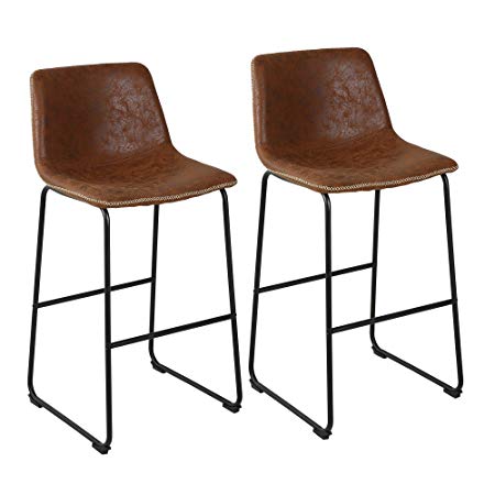 LSSBOUGHT 29 Inches Vintage Bar Height Bar Stools Microfiber Kitchen Barstools, Set of 2(Brown)