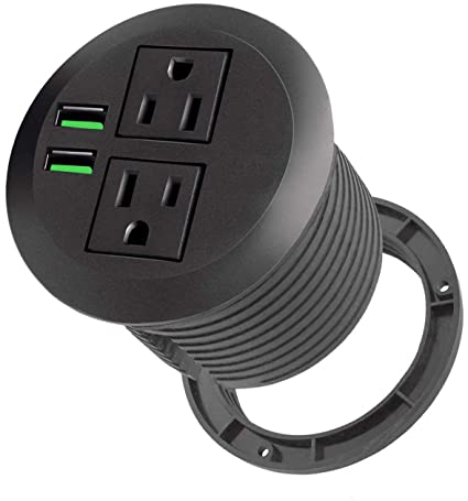3 inch Power Grommet with Green USB, Desktop Recessed USB Grommet, in Desk Grommet Outlet with 2 AC Outlets and 2 USB Ports