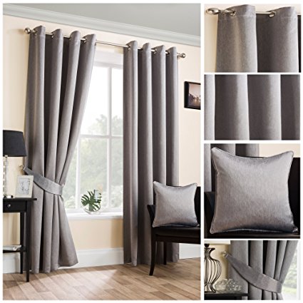Sateen Woven Blackout Grey Ring Top / Eyelet Unlined Readymade Curtain Pair 45x72in(114x182cm) Approximately By Hamilton McBride®