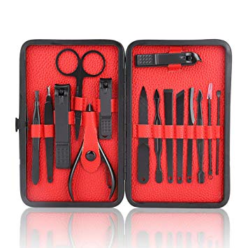 Manicure Set, Stainless Steel Nail Clipper Trimmer Set With Case, 15pcs Professional Grooming Kit - Facial, Cuticle and Nail Care for Men and Women (Red)