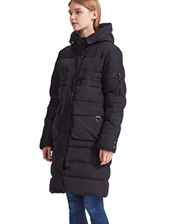 CHERRY CHICK Women's Black Multi-Pockets Down Jacket with Hood Winter Warm Coat