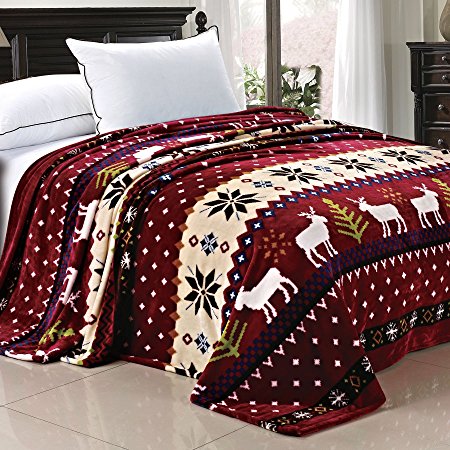 BOON Light Weighted Christmas Collection Printed Flannel Fleece Blanket Burgundy Christmas Deer (Queen)