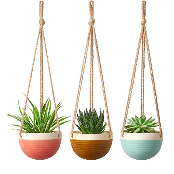 Mkono Ceramic Hanging Planter Colorful Flower Plant Pots 4.5 Inch Round Plant Holder Container with Jute Rope Hanger for Indoor Outdoor Succulent Herbs Ivy Ferns Crawling Plants, 3 Packs