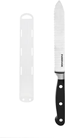 Farberware 5148043 Forged Triple Rivet High Carbon Stainless Steel Serrated Utility Knife with Blade Cover and Contoured Handle, 5.5-Inch