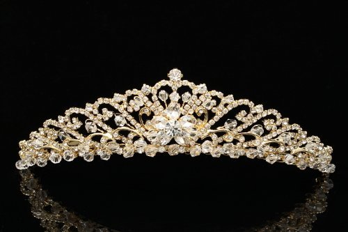 Bridal Wedding Princess Rhinestones Crystal Flower Tiara Crown - Gold Plating by Venus Jewelry