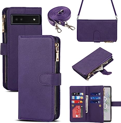 iCoverCase for Google Pixel 6a Wallet Case with Card Holder, Kickstand Feature PU Leather Case with Adjustable Crossbody Lanyard Magnetic Clasp Zipper Pocket Flip Cover (Purple)