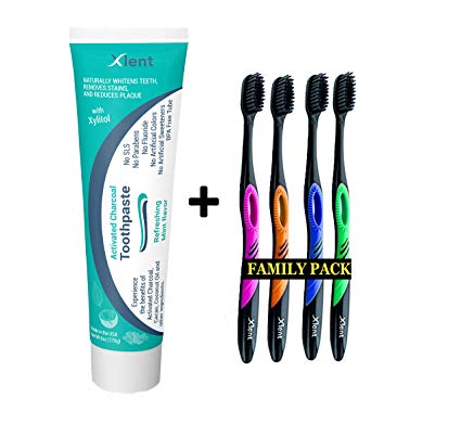 Activated Charcoal Toothbrush/ Toothpaste Natural Teeth Whitening Family Pack/ Kit with Xylitol, Coconut oil - Family Pack includes 1 - 6oz Tube of Toothpaste and 4 - Super Soft Charcoal Bristle Tooth