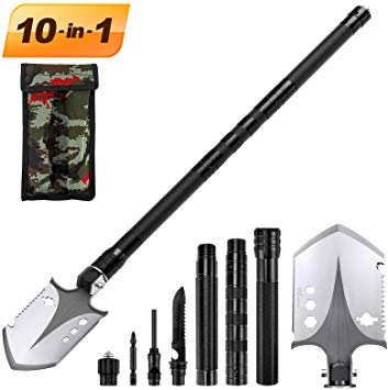 Folding Shovel 10 in 1 Army Survival Gear Snow Shovel Multifunction Entrenching Tool for Camping, Hiking, Backpacking, Fishing, Trekking, Gardening