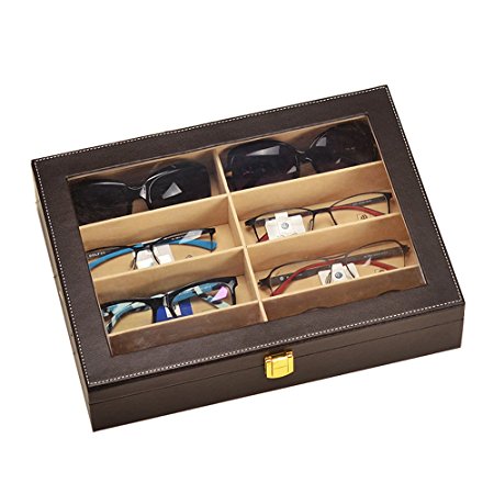 U  8-Slot Eyeglass Sunglass Glasses Organizer Collector - Faux Leather Storage Case Box (Coffee)