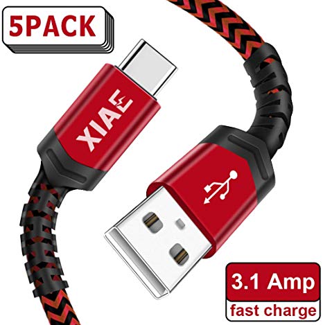 USB C Cable,XIAE 5Pack (3/3/6/6/10FT) USB-A to Type C Nylon Braided Fast Charging Cable Aluminum Housing Compatible with Samsung Galaxy S10 S9 Note 9 8 S8 Plus,LG V30 V20 G6,Huawei P30/P20-Black&Red