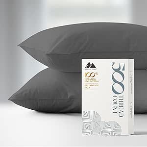 500 Thread Count Cotton Queen/Standard Pillow Cases Set of 2 - Pure Natural Cooling Pillow Cover for Sleeping, Quality Like Egyptian Cotton, Soft Silky Sateen Weave Bed Pillowcases, Dark Grey