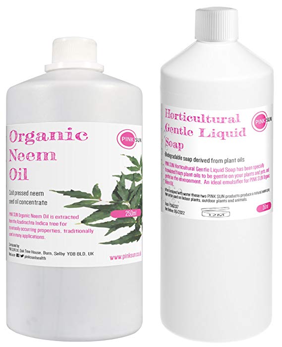 Pure Organic Neem Oil and Horticultural Gentle Liquid Soap Combo Pack 250ml (or 1 litre sizes) for Neem Oil Spray Plants Insect Repellent Pets Animals Dogs Horses PINK SUN