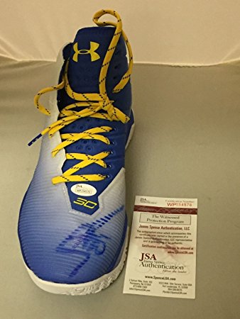 Autographed/Signed Stephen Steph Curry Golden State Warriors Blue Basketball Shoe JSA COA
