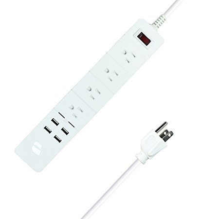 Power Strip Surge Protector 4-Outlets with 4 High Speed USB Charger extension cord 2000W/15A for iPhone 7 /6 /6s plus iPad Air Mini Samsung Smartphone Tablet Laptop By GOLDEN-NOOB (6Ft Cord, white)