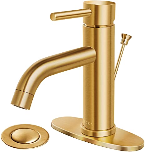 SOKA Bathroom Sink Faucet Single Handle Stainless Steel Lavatory Commercial Bathroom Faucet Bathtub Basin Vanity Faucets with Deck Plate & Pop-Up Drain Assembly Fit for 1 & 3 Hole, Gold