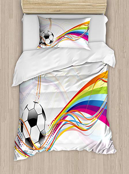 Ambesonne Soccer Duvet Cover Set Twin Size, Rainbow Patterned Swirled Lines Abstract Football Pattern Colorful Stripes Design, Decorative 2 Piece Bedding Set with 1 Pillow Sham, Multicolor