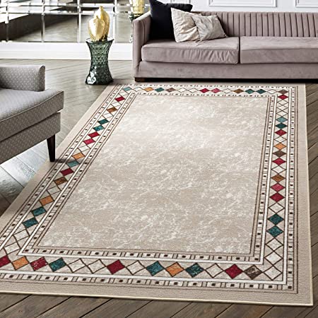 Antep Rugs Alfombras Modern Bordered 5x7 Non-Skid (Non-Slip) Low Profile Pile Rubber Backing Indoor Area Rugs (Beige, 5' x 7')