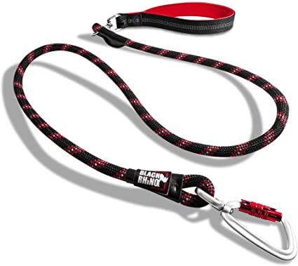 Black Rhino – Heavy Duty Dog Rope Leash with Ultra-Soft Neoprene Padded Handle | Aircraft Aluminum Carabiner | Reflective Weatherproof Dog Leash for Small Medium Large Dogs