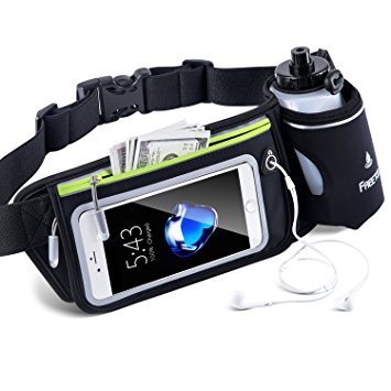 FREETOO Hydration Running Belt with Water Bottle (1X BPA Free 10oz) Adjustable Waist Pack Fits for 6 6S 6 Plus 7 7S / Plus &Smartphones W Touchscreen, Men & Women Fuel Belt-Black