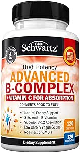 Vitamin B Complex with Vitamin C for Maximum Absorption - Methylcobalamin b12 & Folate Folic Acid Supplement - Vitamins B1 B2 B3 B5 B6 B7 B9 for Immune Energy & Nervous System Support - Non-GMO 120ct