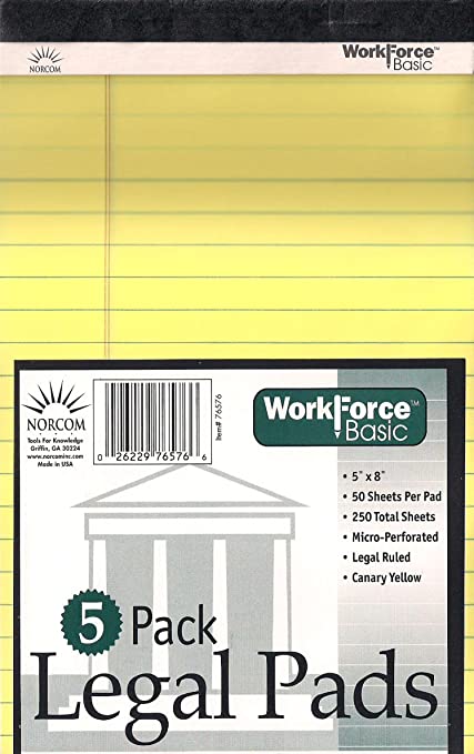 Norcom Junior Legal Pad, 5 x 8 Inches, 50 Sheets per Pad, Canary, 5 Pack (76576-12)