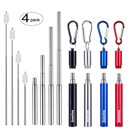 [Updated] 4 Pack Portable Collapsible Reusable Straws - Telescopic Stainless Steel Metal Travel Straw Drinking with Case, Cleaning Brush and Keychain, by Huameilong(Sliver, Black, Blue,Red)