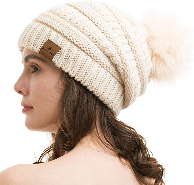 PAGE ONE Womens Fleece Lined Slouchy Beanie Chunky Baggy Hat Fur Pompom Winter Soft Warm Cap