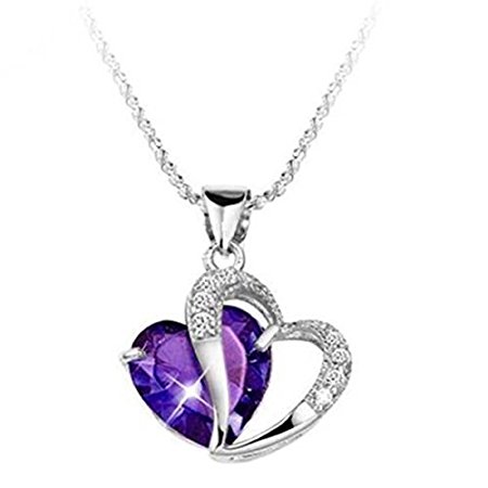 Fashion Women 925 Sterling Silver Amethyst Purple Heart Crystal Pendant Necklace